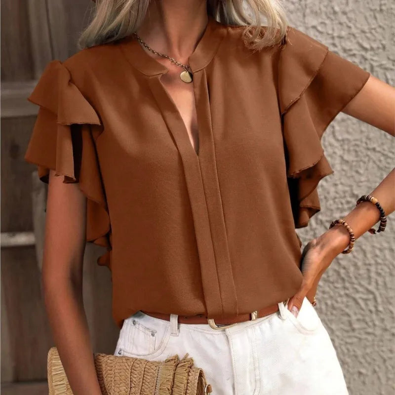 V-Neck Ruffle Sleeve Blouse