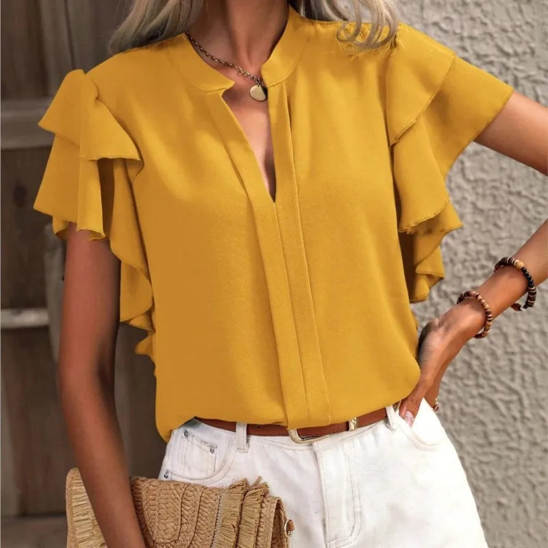 V-Neck Ruffle Sleeve Blouse