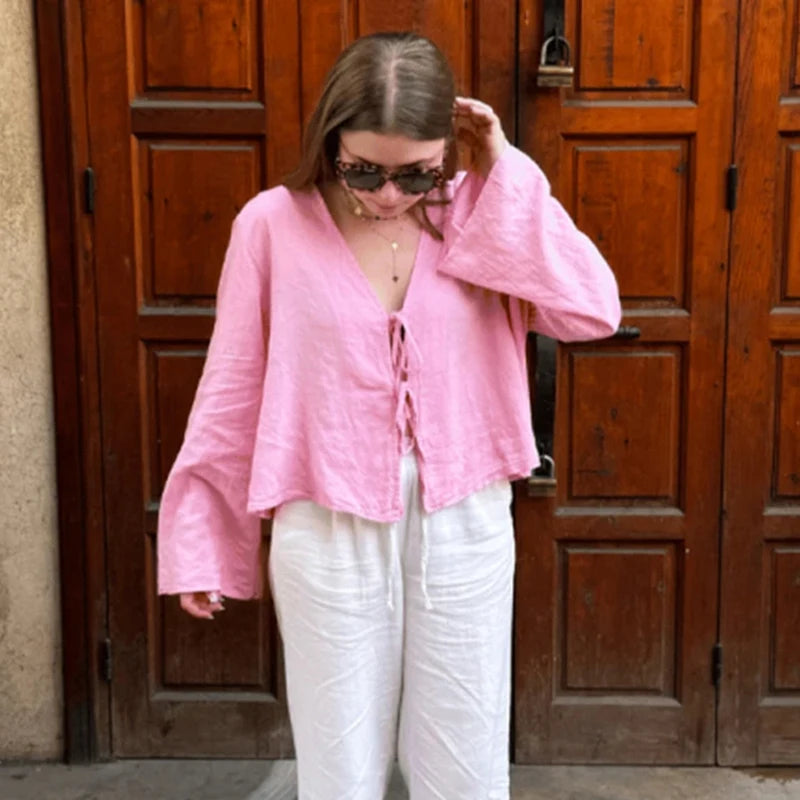 Linen Lace-Up Long Sleeve Shirt