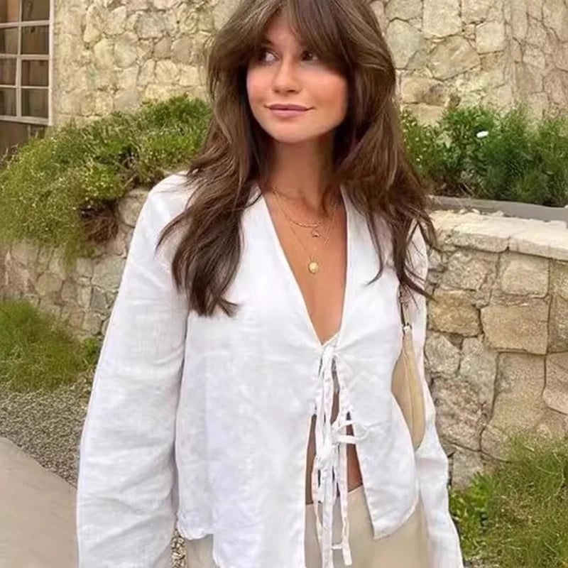 Linen Lace-Up Long Sleeve Shirt