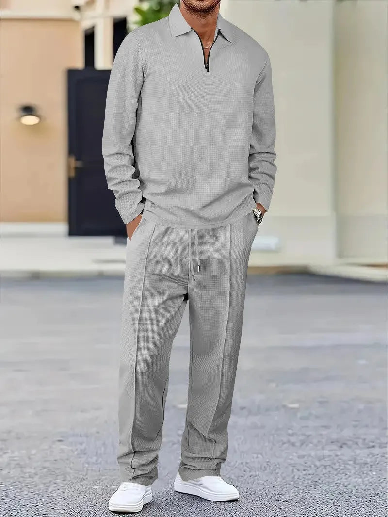 Men's Casual Polo Suit – Waffle Fabric, 2-Piece Set