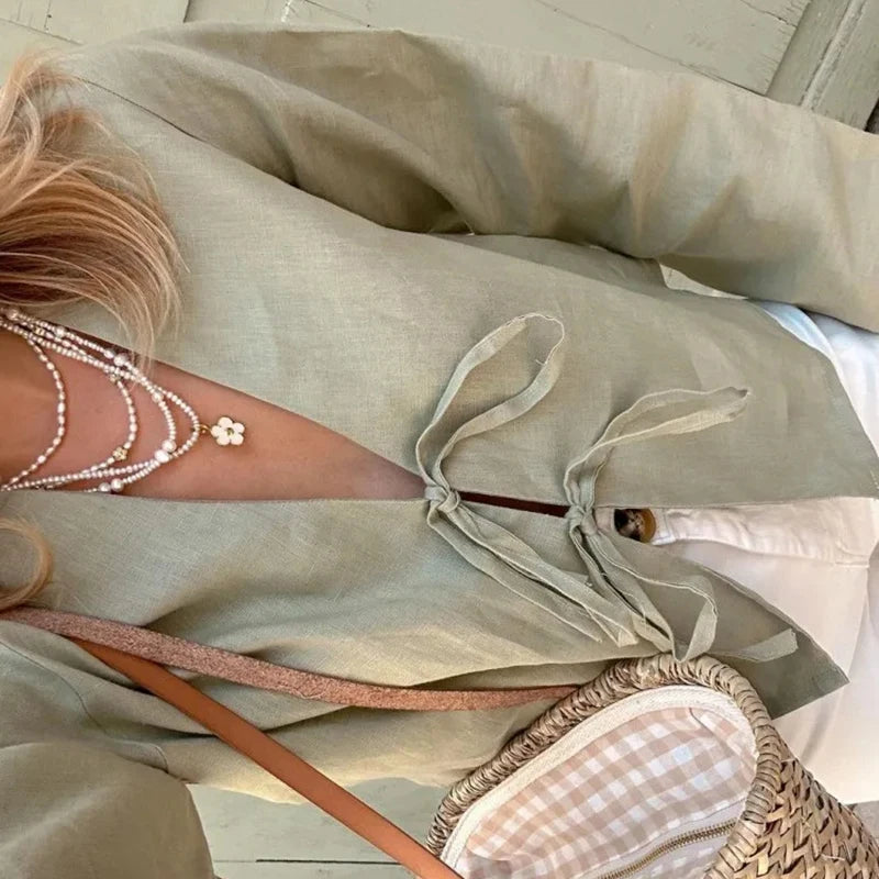 Linen Lace-Up Long Sleeve Shirt