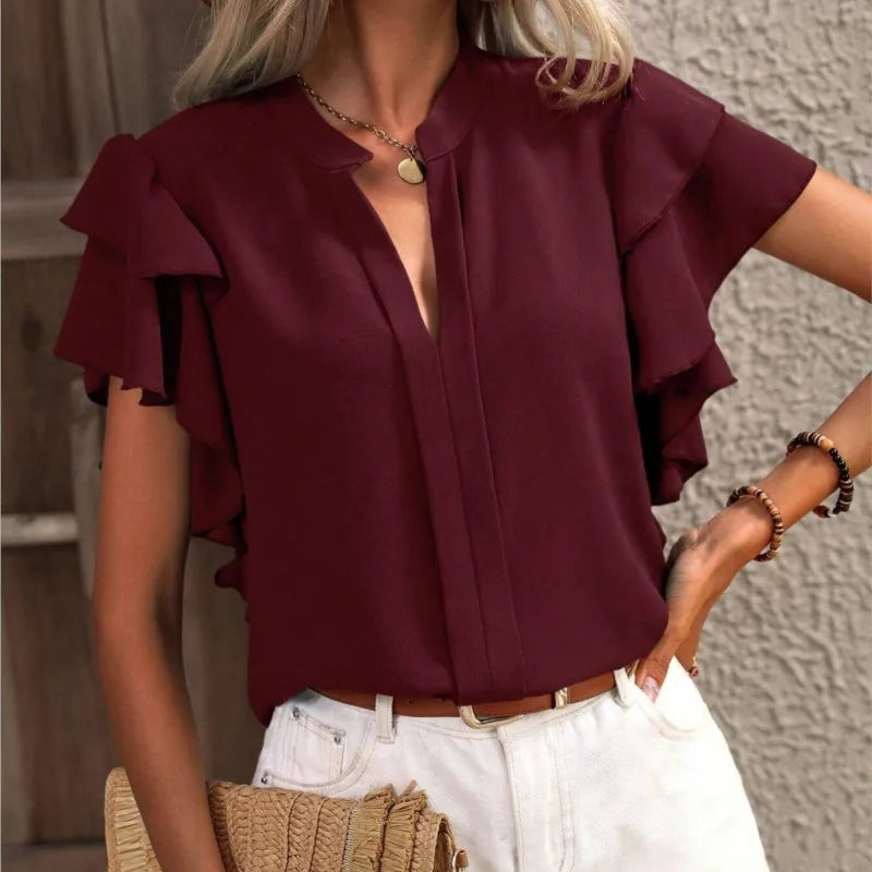 V-Neck Ruffle Sleeve Blouse