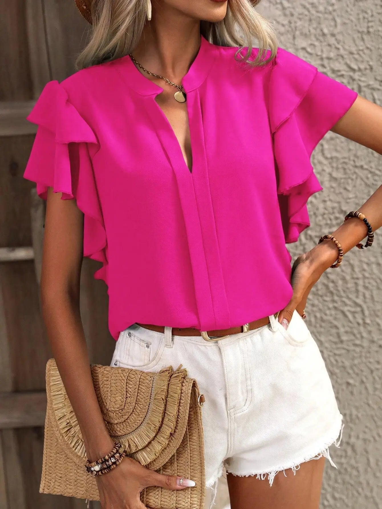 V-Neck Ruffle Sleeve Blouse