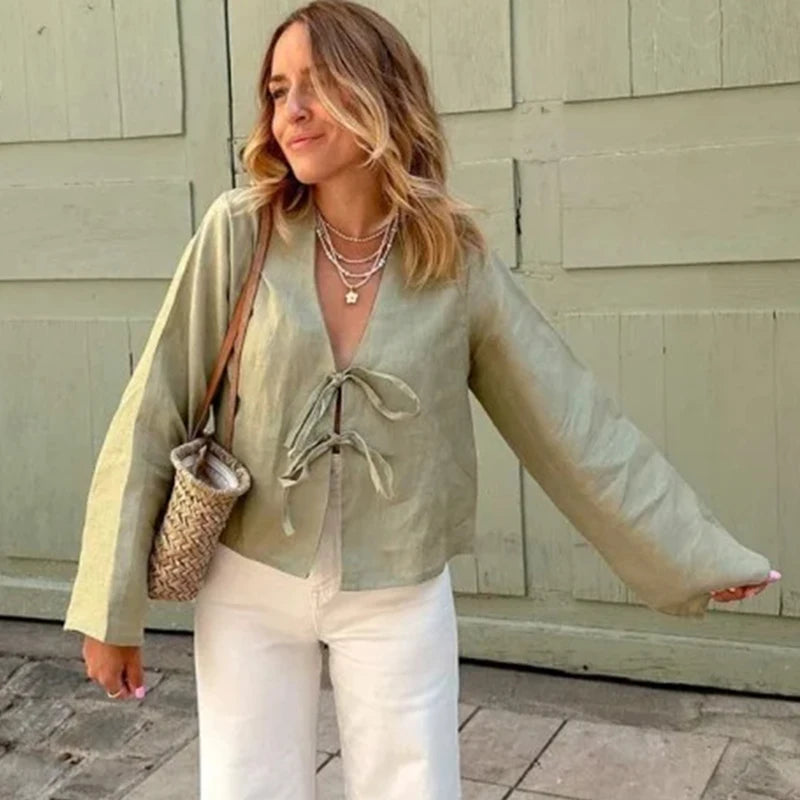 Linen Lace-Up Long Sleeve Shirt