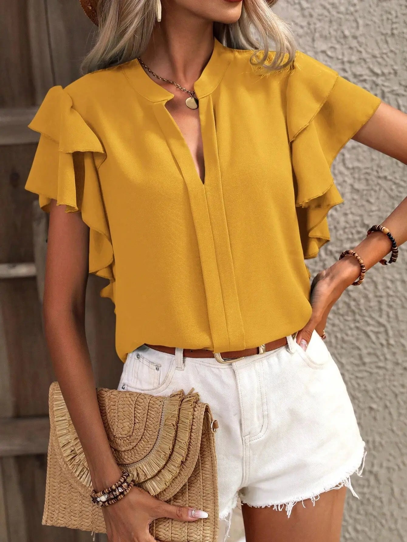 V-Neck Ruffle Sleeve Blouse