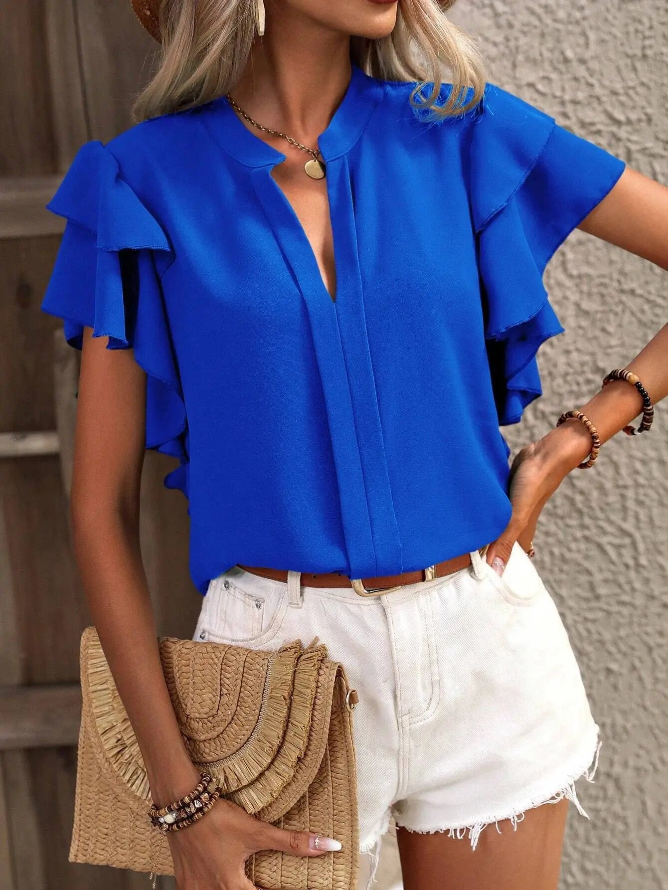 V-Neck Ruffle Sleeve Blouse