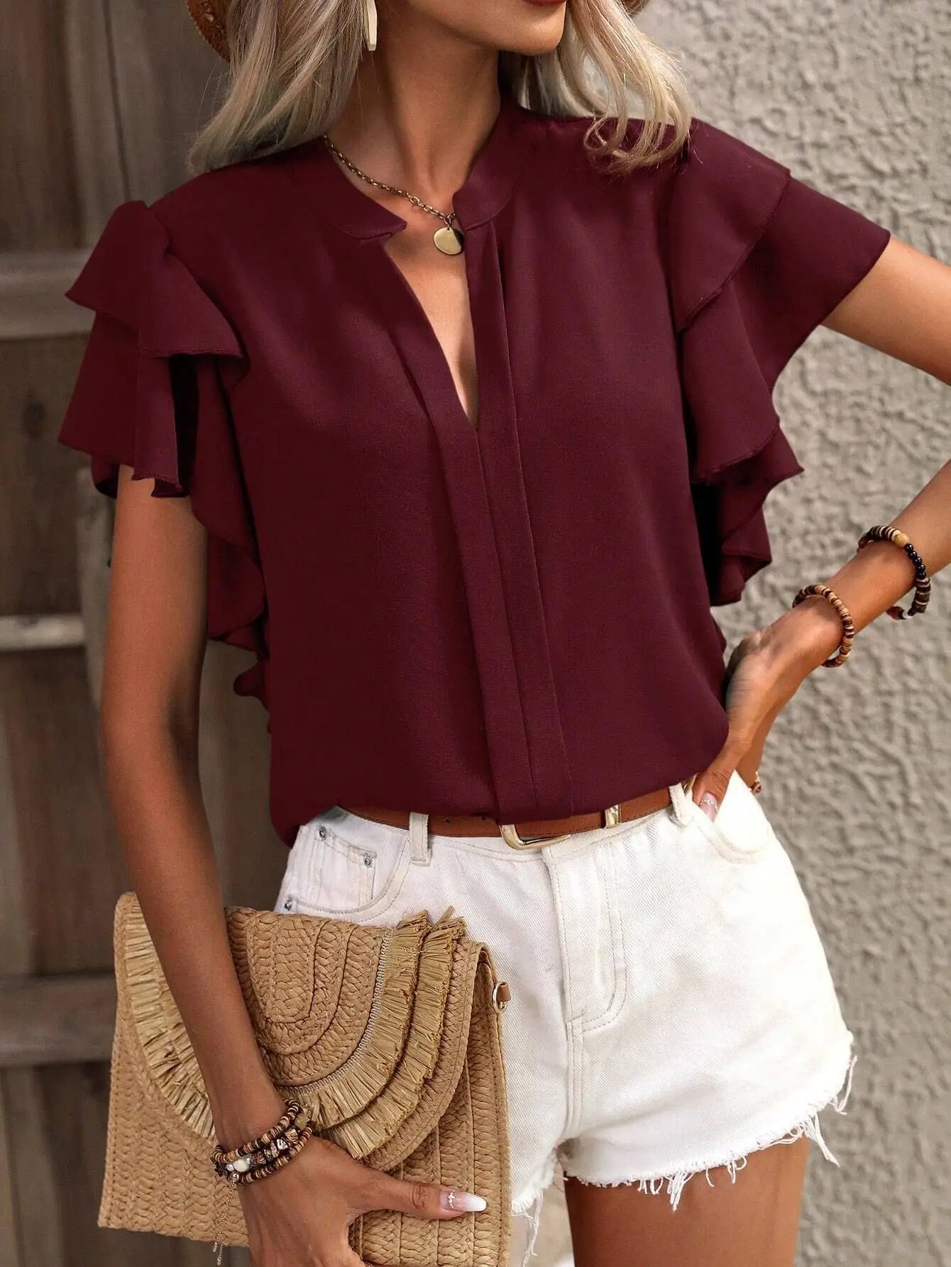 V-Neck Ruffle Sleeve Blouse